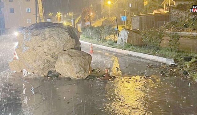 Şemdinli’de sağanak sonrası kaya parçaları yola düştü